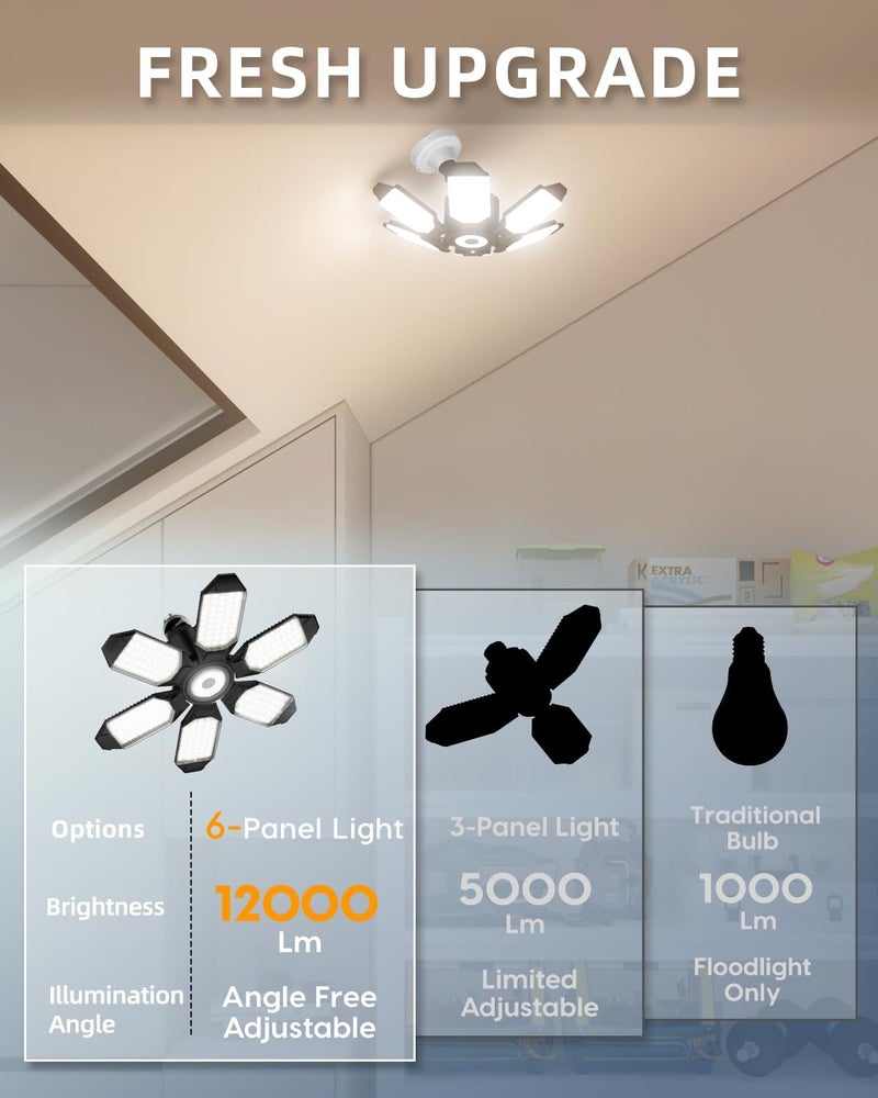 Adiding Rotatable LED Garage Light 4 Pack, 48000Lm Super Bright Basement Lighting Fixture w/ 6 Adjustable Panels Screw in E26 E27 Bulb Base for Workshop Attic Barn Ceiling Warehouse Gym Utility - Image 2